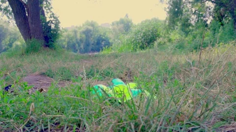 Work Gloves Lying on Grass by Riverside After Cleanup Activity Vidéo 340463625