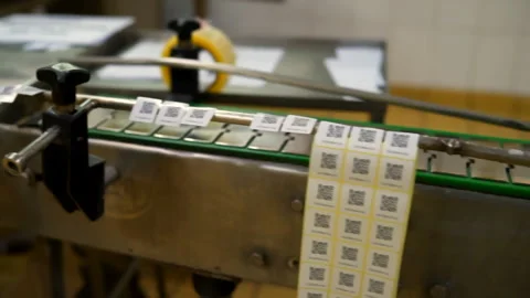 Work of green colored modern label marking conveyor Stock Footage 148947220