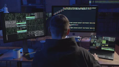 The work of a hacker on a complex program Video stock 179463408
