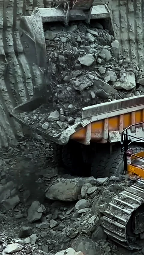 Work of a heavy excavator in a granite quarry the bucket digs a hole and Stock Footage 312700321