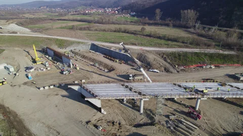 Work on the highway route with vehicles, machinery and workers at work Stock Footage 330687135