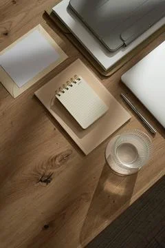 Work at home. Aesthetic office workspace with laptop computer, tablet pad, gl Stockfoto's