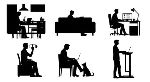 Work From Home and Remote Office Silhouettes Stock Illustration