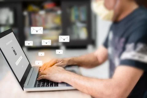 Work at home with computer and internet Laptop screen showing the login for.. Stock Photos