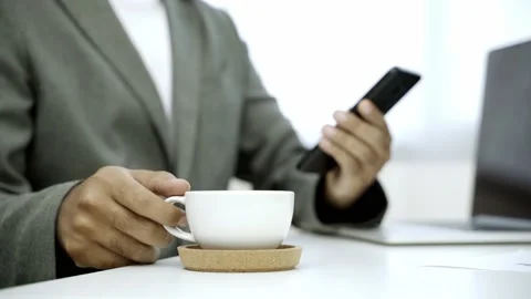 Work from home concept. Close up. Asian male business wear a suit work at home s Stock Footage 144515696