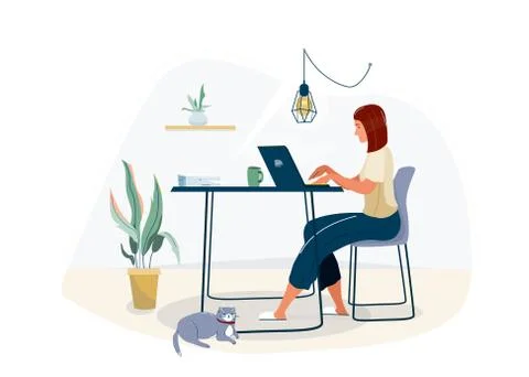 Work at home concept design. Freelance woman working on laptop at her house Stock Illustration