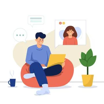 Work at home concept design. Freelance man working on laptop at her house Stock-Illustration