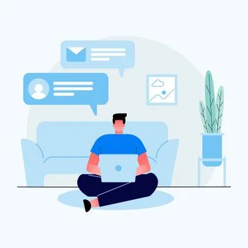 Work at home concept design. Freelance man working on laptop at her house イラスト素材