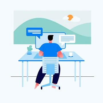 Work at home concept design. Freelance man working on laptop at her house, Stock Illustration