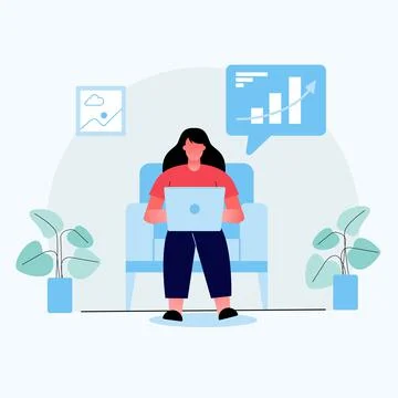 Work at home concept design. Freelance woman working on laptop at her house Illustrazione stock