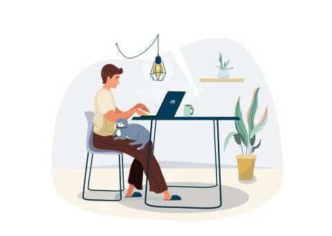 Work at home concept design. Freelancer man working on laptop at his house and Stock Illustration