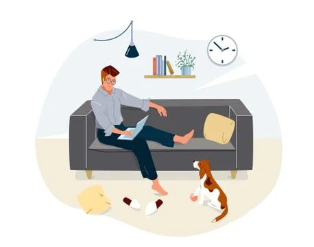Work at home concept design. Freelancer man working on laptop sit on couch and Stock Illustration
