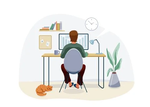 Work at home concept design. Freelancer man working on computer at his house Illustrazione stock