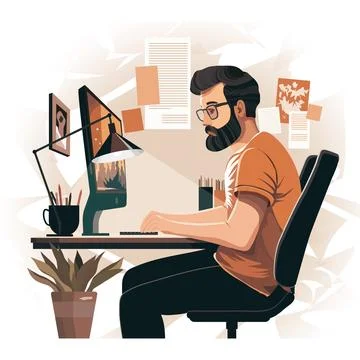 Work at home concept flat style. Freelance man Stock Illustration