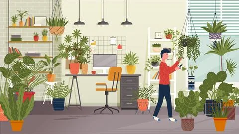 Work at home concept. Freelancer man working on laptop at his house and caring Stock Illustration