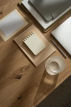 Work at home concept. Laptop computer, tablet pad, notebook with blank copy s Stockfoto's