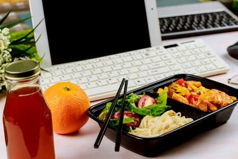 Work from home concept. Lunch ordering. Stock Photos