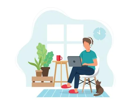 Work from home concept, man working from home sitting on a chair, student or Stock Illustration