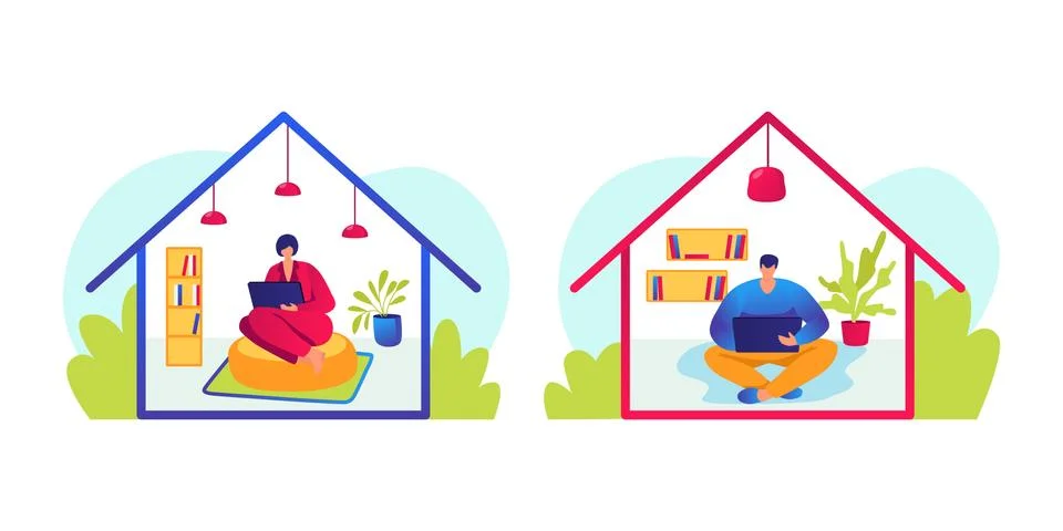 Work at home concept, vector illustration. People at cartoon house while Stock Illustration