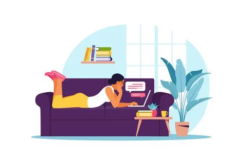 Work from home. Concept for working, studying, online education. Woman lies w Stock Illustration