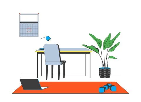 Work-from-home desk with workout corner cartoon flat illustration Stock Illustration