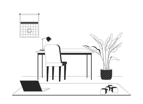 Work-from-home desk with workout corner linear illustration Stock Illustration