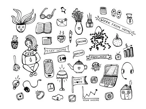 Work at home, doodle set Stock Illustration