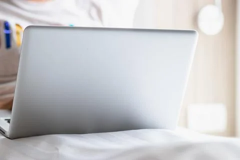 Work from home during the outbreak of the virus. Woman working with laptop .. Stock Photos