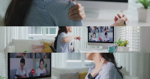 Work home fatigue stiff neck pain virtual video call meeting problem. 스톡 동영상 214791785