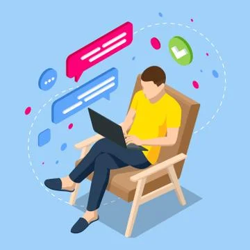 Work at home, Freelance isometric concept design. Chat messages notification on Stock Illustration