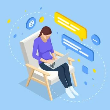 Work at home, Freelance isometric concept design. Chat messages notification on Stock Illustration