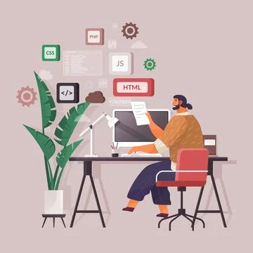 Work at home. Freelancer man working on laptop computer at his house. Online Illustrazione stock
