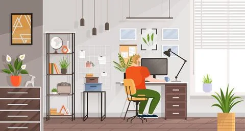 Work at home. Freelancer man working on laptop computer at his house. Online Illustrazione stock