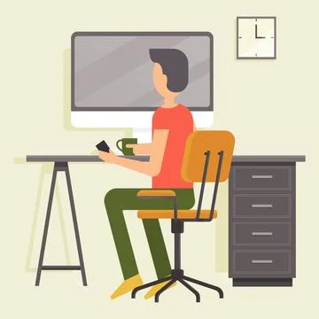 Work at home. Freelancer man working on laptop computer at his house. Online Illustrazione stock
