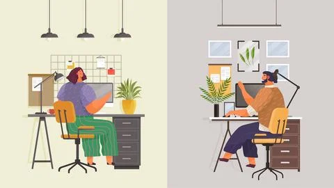 Work at home. Freelancer working on laptop computer at his house. Online study Illustrazione stock