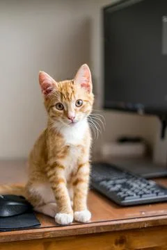Work from home. Ginger cat sleeping under computer Stock Photos