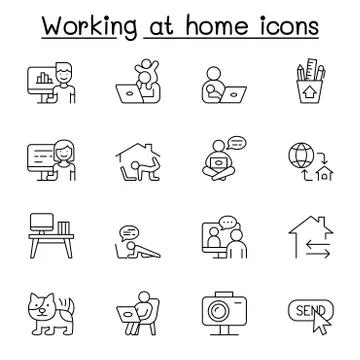 Work from home icons set in thin line style Stock Illustration