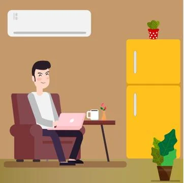 Work from home. Man working with laptop at home and sitting on a sofa Ilustración de archivo