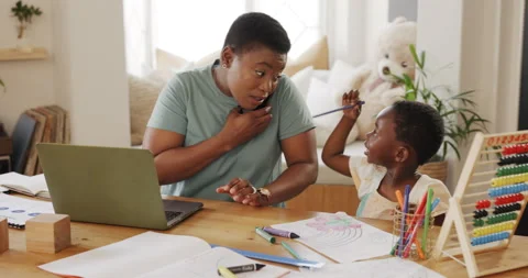 Work from home, multitask and mother phone call, laptop and child care for Stock Footage 236944557