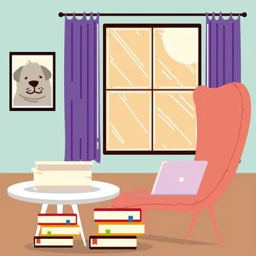 Work at home office, chair table laptop papers and books Stock Illustration