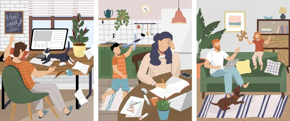 Work at home office problems and disturbance. Children and pet disturb working 库存插图