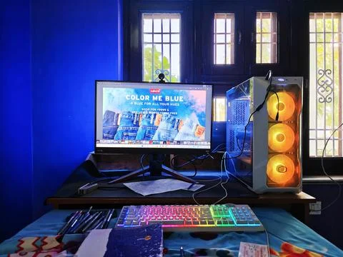 A Work From Home Office Setup. Study Table desktop. PC Gaming PC Stock Photos