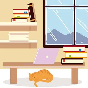 Work at home office table with laptop books shelf and cat 스톡 일러스트