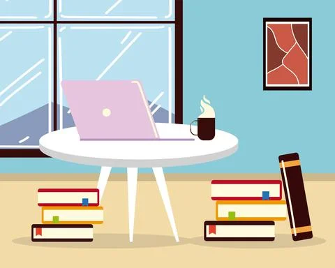 Work at home office table with laptop coffee cup books and window room イラスト素材