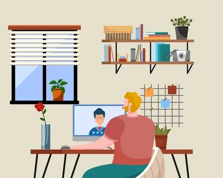 Work at home ofiice. Freelancer man working on computer at his house. Online Illustrazione stock