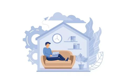 Work from home online, creative space, self-isolation, freelancer working on  Stock Illustration