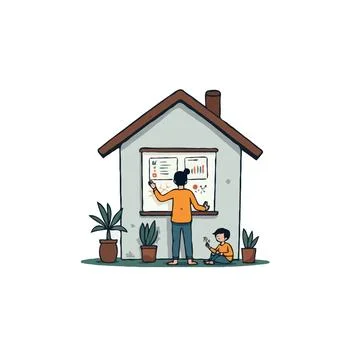 Work from home: Parent teaching child with data charts イラスト素材