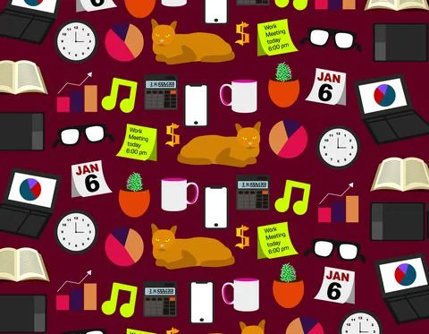 Work from home pattern icons over dark magenta background Stock Illustration