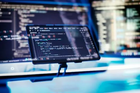 Work from home. Programmer coding code on notebook screen at home. Stock Photos