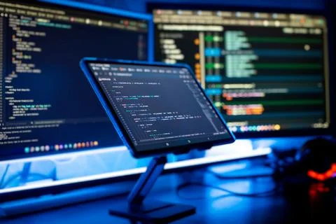 Work from home. Programmer coding code on notebook screen at home. 库存照片